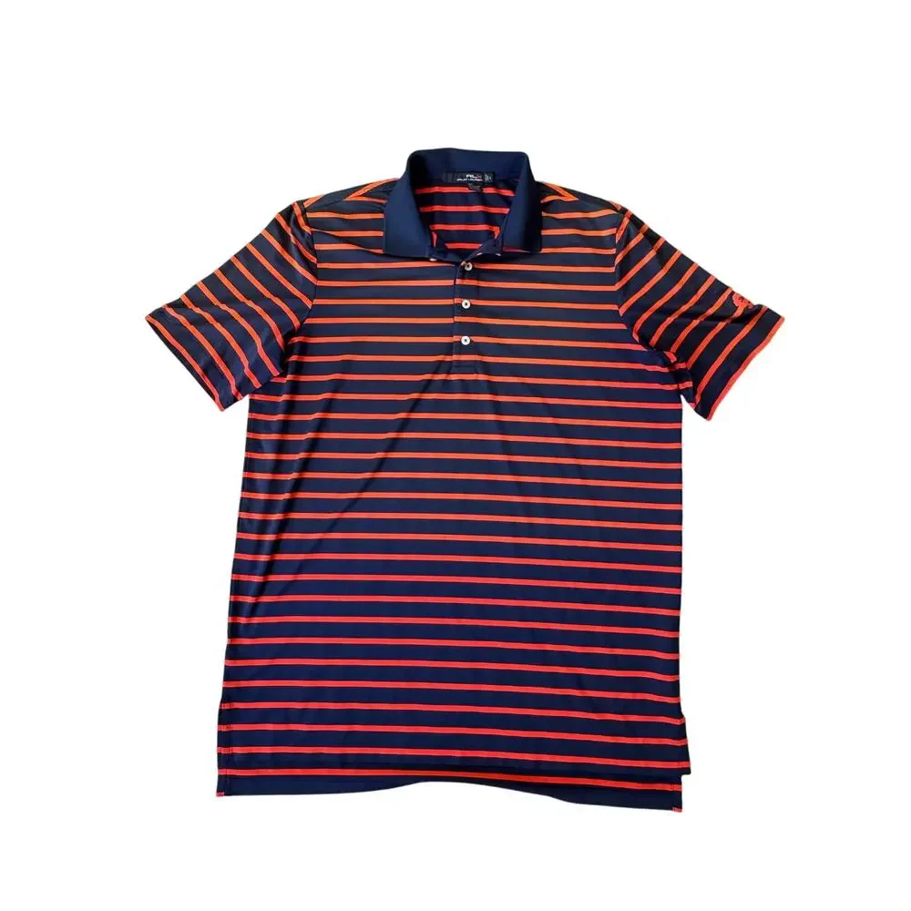 RLX Ralph Lauren Polo Shirt Mens L Navy Blue Orange Striped Short Sleeve Golf